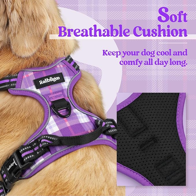 rabbitgoo Dog Harness, No Pull Medium Sized with 2 Leash Clips, Pet Vest | No Choke with Handle, Adjustable Soft Padded, Reflective, Easy Control for Walking, Purple Plaid, Medium