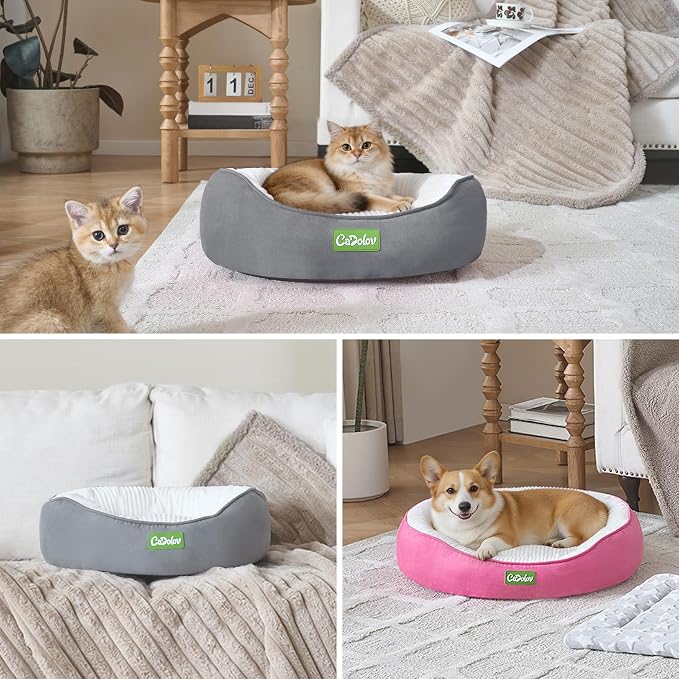 Round Pet Bed for Cats & Small Medium Dogs, Grey 25in | Washable Small Dog Beds, Calming Soft Pet Beds for Puppy Kitten, with Anti-Slip Bottom, Low Entrance
