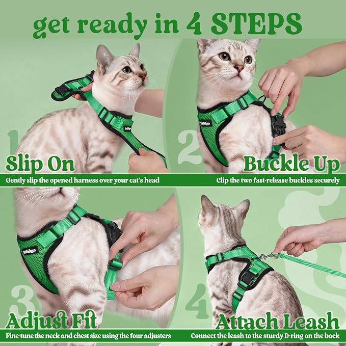 rabbitgoo Cat Harness and Leash Set, Escape Proof Vest, Grass Green | Soft Breathable Mesh, Easy Adjustable Fit, Snap Buckles, Sturdy Clip, Reflective Strips, for Medium to Large Cats Walks, M