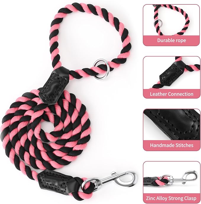 Mile High Life Rainbow Dog Leash Braided Cotton Rope w Leather-Wrapped Ends | Rust-proof 360° swivel clasp, Heavy-duty for medium/large breeds. Great for weddings, daily walks (4FT, 1/2", Black/Pink)