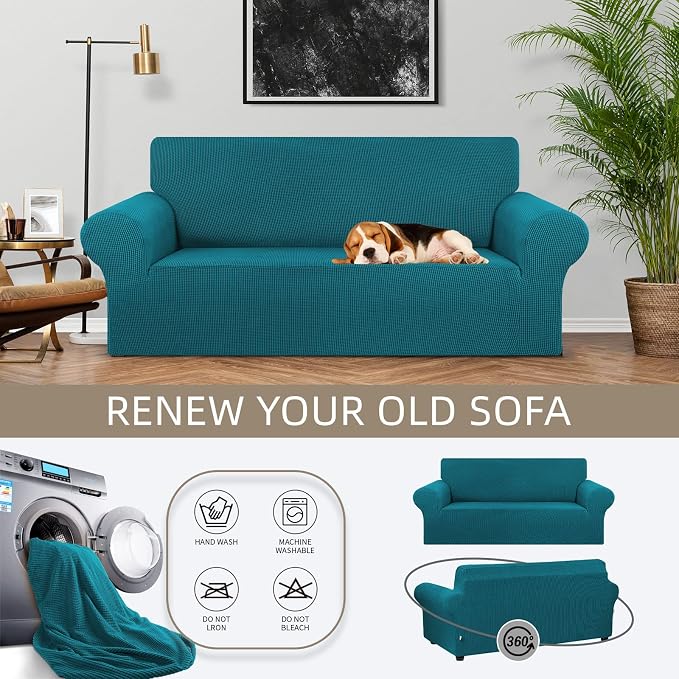 Stretch Loveseat Couch Cover, 2 Cushion Couch Slipcover,Peacock Blue | 1-Piece Washable Sofa Cover Pet Friendly (55"-78") Furniture Protector Soft Jacquard, Elastic Bottom for Dogs & Kids