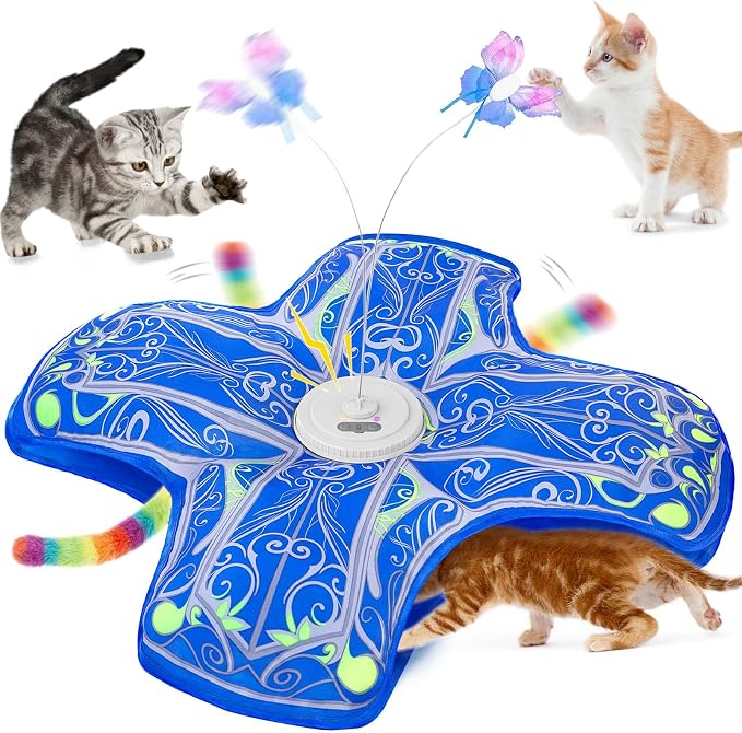 Interactive Cat Toys for Indoor Cats,Automatic Kitten Tunnel Toy | Rechargeable Touch Activated, Hide and Seek Design, Colorful Fluffy Tail & Butterfly, Cat Enrichment Toy for Bored Cats