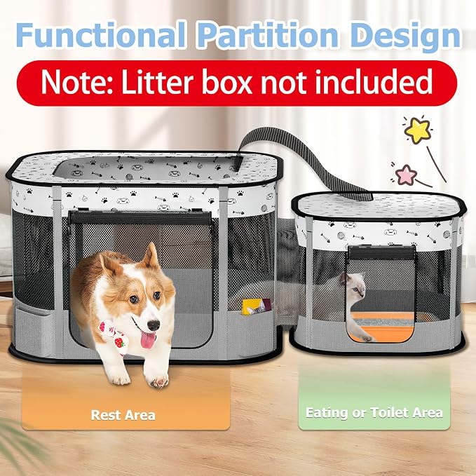 Portable Cat Playpen, Foldable Pet Dog Playpen, for Kitten Puppy Play Pen Indoor/Outdoor, Cats Enclosure Cages Tent with Carrying Case, 600D Oxford 8-Rods, 32"x24"x22", Grey