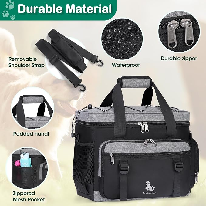IGOLUMON Dog Travel Bag Large Pet Travel Bags Set for Supplies Weekend Travel Kit Tote Organizer Multi-Pockets Food Travel Bag with 2 Extra Large Food Containers, 2 Dog Bowls, 1 Feeding Mat