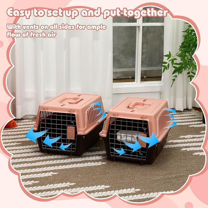 2 Set 18.9" Pet Carrier for Small Cats and Dogs, Hard Sided Plastic Cat Kennel for Pet with Front Door Security Lock Fully Breathable Travel Crate, up to 13 Lbs(Brown,18.9 x 12.6 x 11.8 Inch)