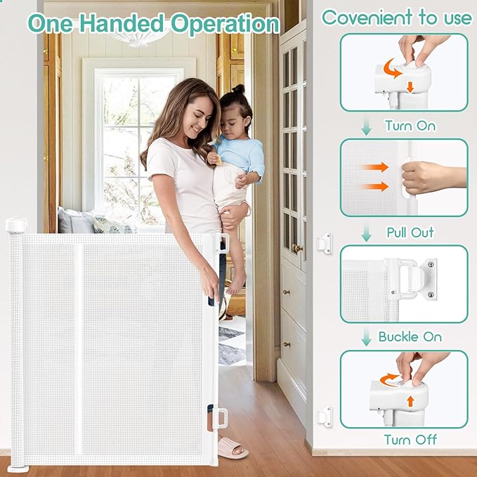 EZIGO 120 Inch Retractable Baby Gates Extra Wide Reinforced Baby Dog Gate | 34 Inch Tall Retractable Dog Gate with Reinforced Strip Mesh Safety Pet Gate for Stairs Hallway Doorway Indoor Outdoor, White