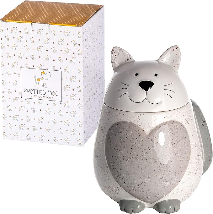 SPOTTED DOG GIFT COMPANY Ceramic Cookie Jar with Lid, Large Cat Treat Container for Cookies & Biscuits, Cute Novelty Kitchen Storage for Countertop, Gifts for Cat Lovers - 43oz White