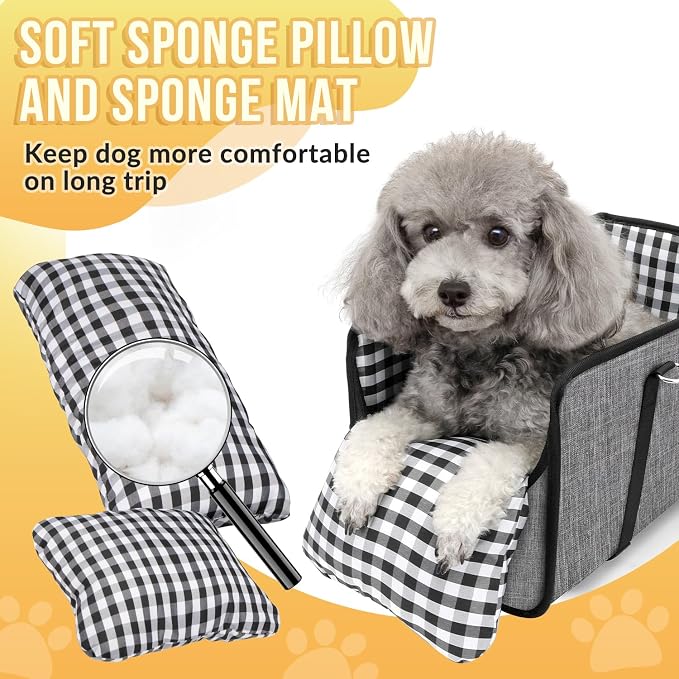 SlowTon Console Dog Car Seat - Portable Dogs Armrest Booster Seat for Small Dog, Anti-Collapse Pet Car Seat with Soft Cushion Safety Belt, Support Pet Up to 11lbs (Grey)