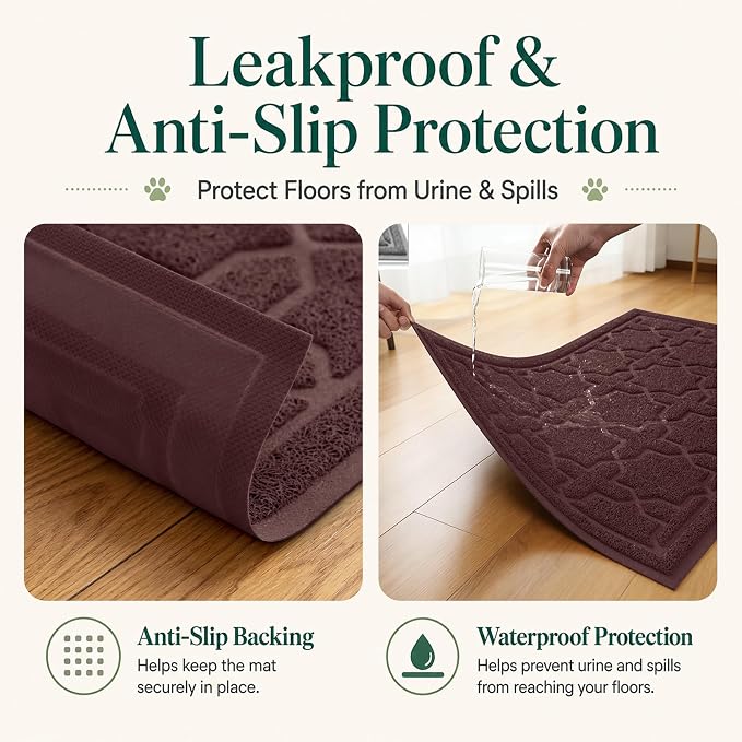 Yimobra Cat Litter Mat, Easy Clean Trapping PVC Mat, 35.4" x 23.6", Waterproof Backing, Non Slip Bottom, Scatter Control Pad for Litter Box, Dark Coffee