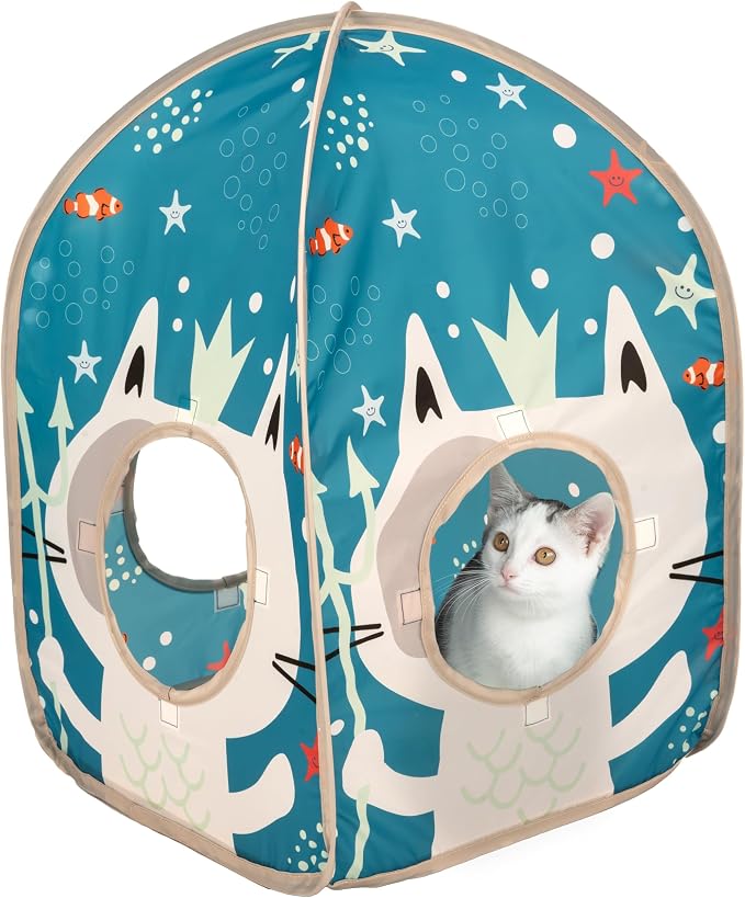 Kitty City Ocean-Themed Cat Play Furniture Set, Collapsible Pop-Up Cat Toys Combo with Cube, Tunnel & House, Indoor Kitty Playground for Play, Hiding & Lounging