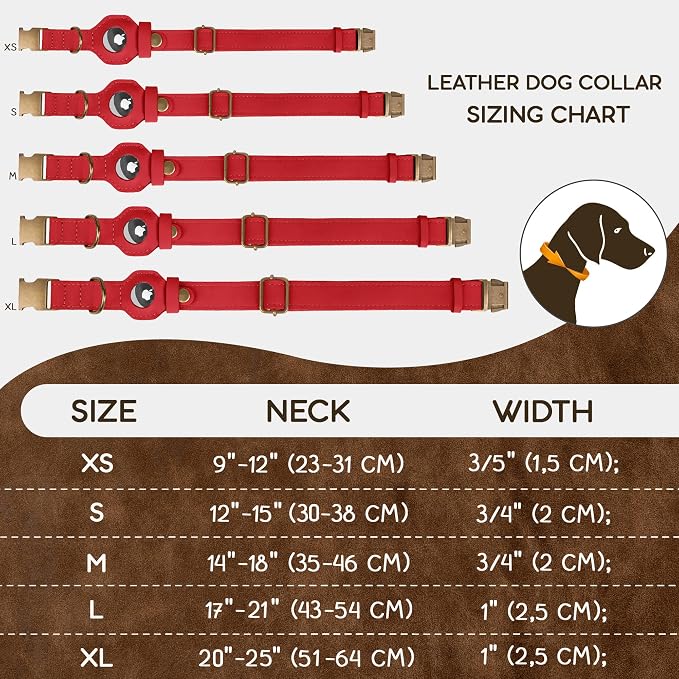 AirTag Dog Collar - Genuine Leather Dog Collar with Apple AirTag Holder and Metal Buckle - Smart GPS Tracking Pet Collars (Red, XS, 9"-12" Neck Fit)