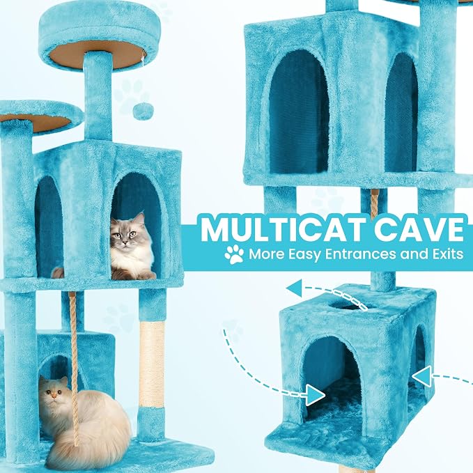 57inch Large Cat Tree Tower Condo for Indoor Cats, Soft Plush Multi-Level Climbing Tree Cat House with Cat Cave, Scratching Post, More Entrance/Exit, Sisal Rope, Light Blue