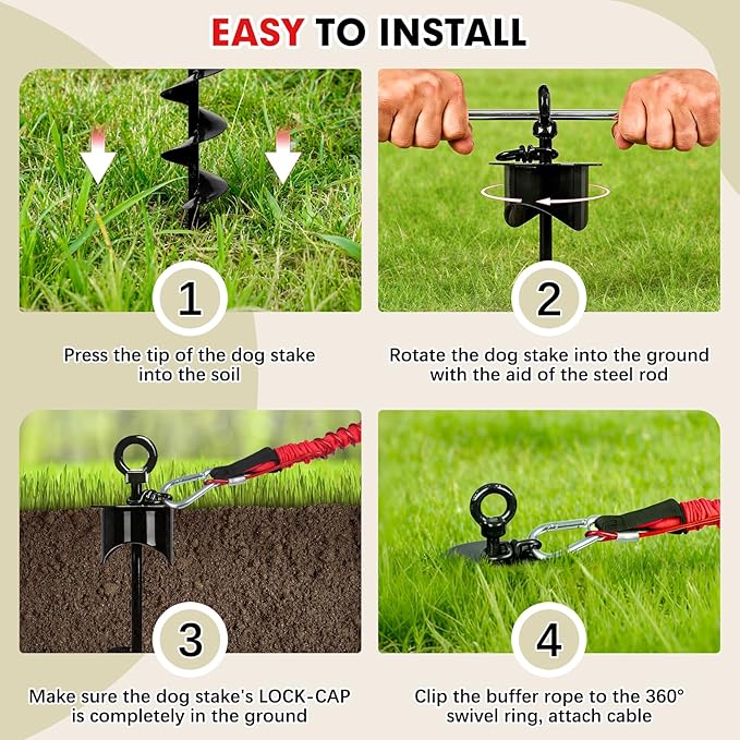 Snagle Paw Dog Tie Out Cable and Stake with Lock-Cap,Heavy Duty 20FT Dog Yard Leash & Stake with Shock Absorbing Bungee Tether,Rust Proof Ground Anchor for Yard, Beach, Camping & Outdoor,up to 360 Lbs