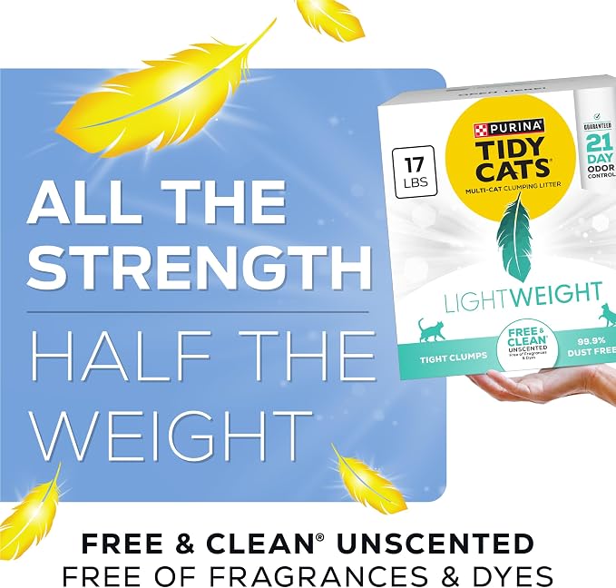 Purina Tidy Cats Low Dust Clumping Cat Litter, LightWeight Free & Clean Unscented, Multi Cat Litter - 17 lb. Box | Unscented, charcoal-powered formula offers 21-day odor control and tight, dust-free clumping.
