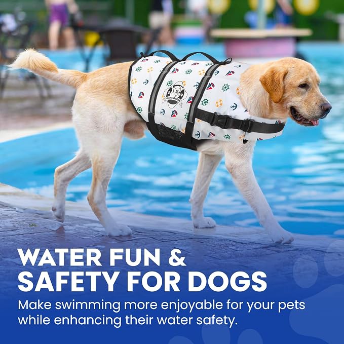 Dog Life Jacket - Swimming Vest for Dogs, Adjustable, Reflective, Comfortable, Multiple Colors, Patterns, XX-Small to Extra Large Dog Swim Vest with Handle (Nautical, Large)