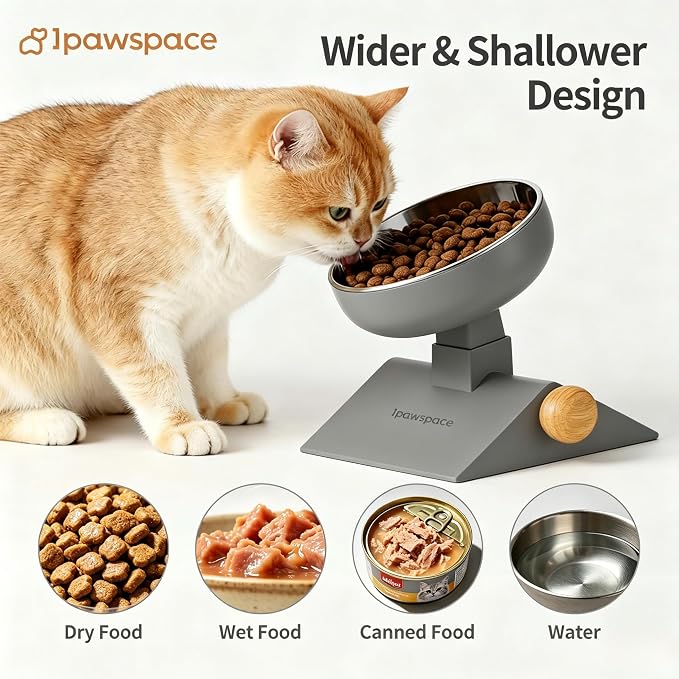 Raised Cat Bowl,Elevated Cat Bowl Stand with 3-Level Height,Grey | 25 OZ Large Capacity,304 Stainless Steel,5.6''/6.2''/6.8'' Height Elevated,0-17.5° tilt Neck-Friendly,Cats and Puppy