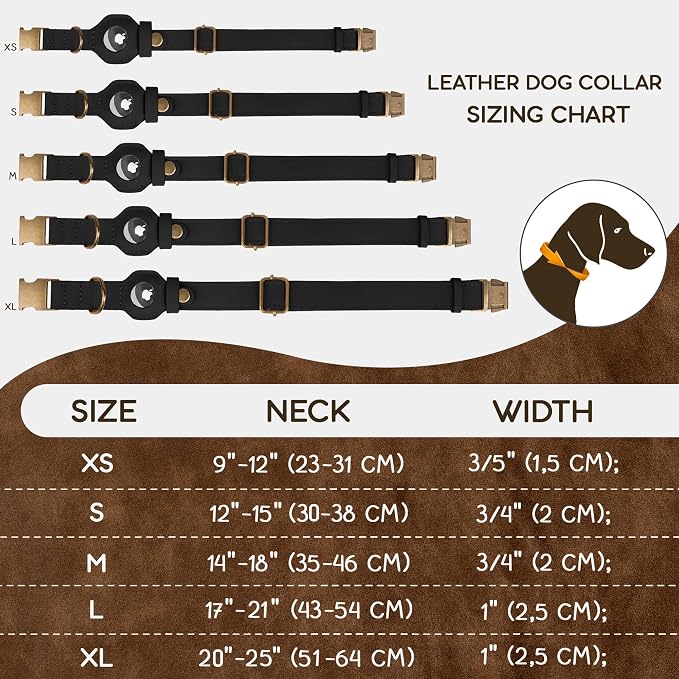 AirTag Dog Collar - Genuine Leather Dog Collar with Apple AirTag Holder and Metal Buckle - Smart GPS Tracking Pet Collars (Black, XL, 20"-25" Neck Fit)