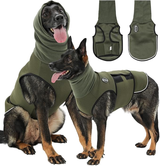 Meifsou Dog Anxiety Vest with Hood, Skin-Friendly Thunder Jacket for Dogs, All-in-One Dog Calming Shirt with Hood for Thunder, Fireworks, Separation - Keep Pet Calm Without Medicine, Army Green, 2XL