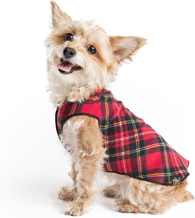 Goldpaw Stretch Fleece Dog Sweater - with Spandex for 4-Way Stretch - Soft, Comfortable Dog Coat - Machine Washable - Made in the USA - Red Classic Plaid - Size 10