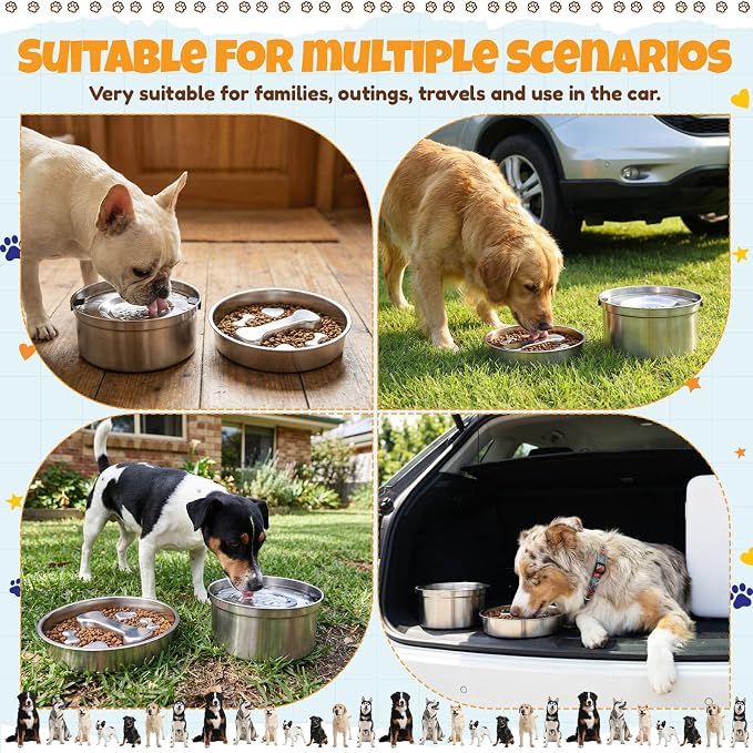 Vesici Slow Feeder Dog Bowls Set 3.2l No Spill Water Bowl and 2 Cups 304 Stainless Steel Dog Slow Feeder Food Bowl Puppy or Cat Food Holder Dishwasher Pet Supplies
