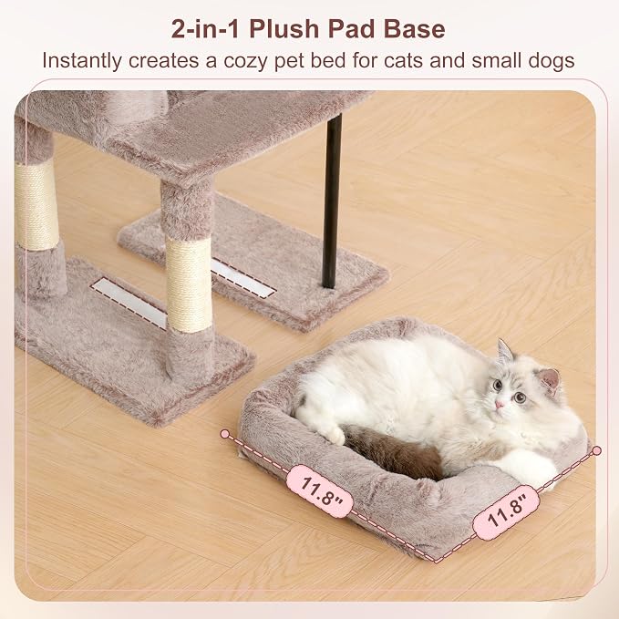 Heybly Cat Tree, 45.3" Cat Tower for Indoor Cats with Large Perch HCT202SMU | All-in-One Cat Furniture with Cozy Bed, Hidden Space Cat Condo, Comfy Hammock, Scratching Posts & 3 Pompoms, Rosy Brown