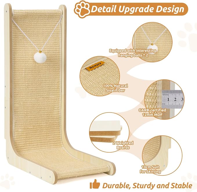 26.8" Sisal Cat Scratchers with Bell Plush Balls,Wooden Furniture | L Shaped Scratching Post for Indoor Cats,Vertical Cat Scratcher Board Natural Sisal Scratcher Pad to Protect Furniture