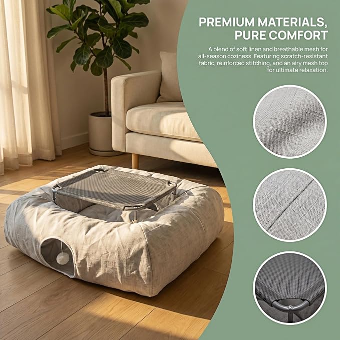 XXL 2-Tier Cat Tunnel & Hammock Bed, Scratch-Proof Linen, for All Cats Toys | XxingSheep 4 Cave Premium Hemp Fabric Cat Tunnel Bed for Indoor Cats Toys Cave Donut with Soft Mat & Toys