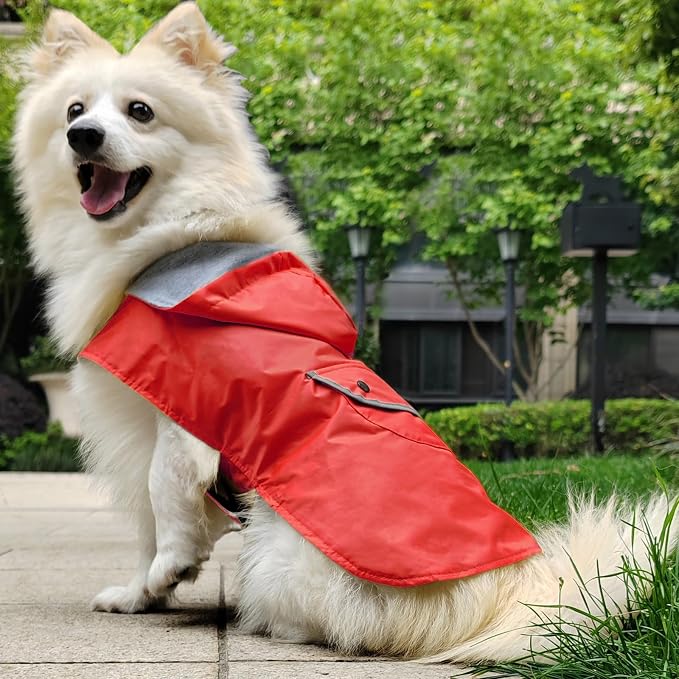 Dog Raincoat Dogs Rain Jacket Reflective Poncho Rainwear Waterproof Pet Clothes Breathable Lined Pocket Hooded Leash Hole Adjustable Small Medium Dogs,Red,L,Back Length 12.8 Inch