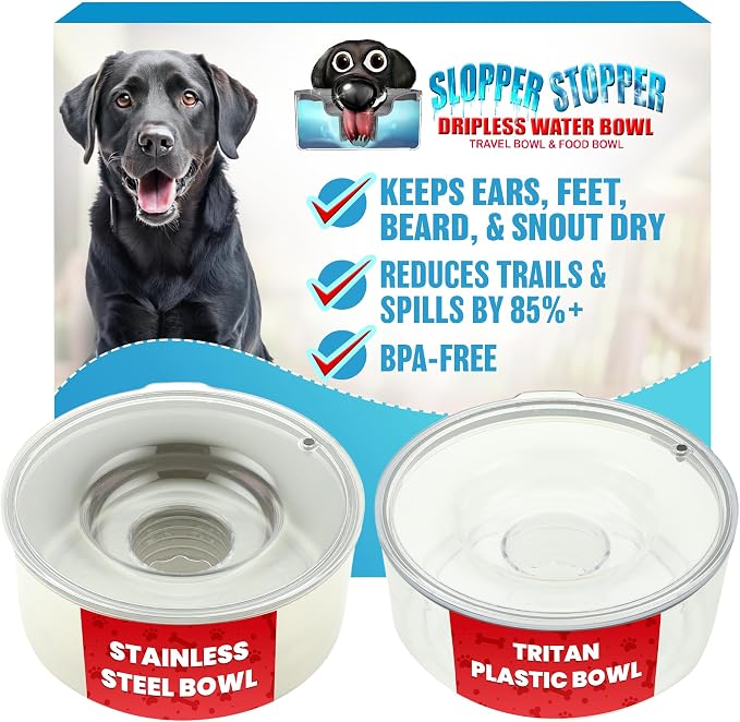 Stainless Steel Dripless Water Bowl with Tritan Plastic Lid – Holds 1 Gal, Reduces Spills & Trails Up to 85%+, Water Bowl for Small Breed Dogs (0-20 lbs), The Original Slobber Stopper