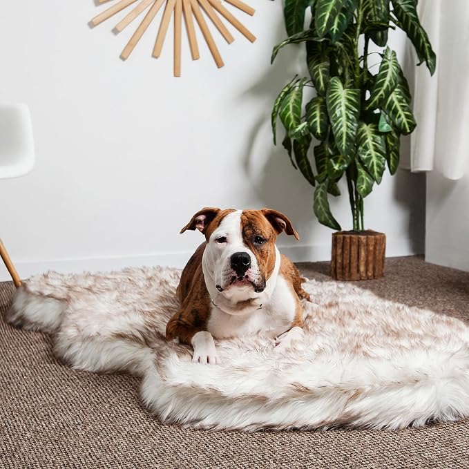 Faux Fur Orthopedic Dog Bed, Memory Foam, White w/Brown Tips 60"x35" | Plush Washable Dog Rug with Waterproof Machine Washable Cover, Calming for Anxious Senior Dogs, Relieves Joints