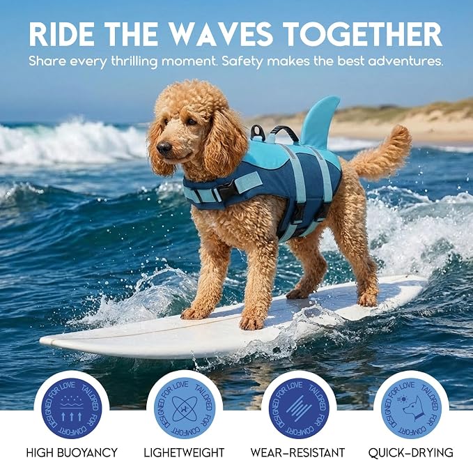 ASENKU Dog Life Jacket - Pet Safety Vest for Swimming & Boating, Shark Life Jacket with Floatation, Dog Lifesavers Swimsuits for Small Medium Large Dogs (Deepblue, S)