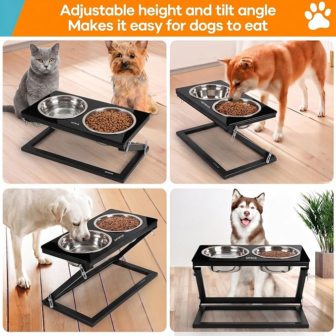 Elevated Dog Bowl, Adjustable Height and Tilt Angle Dog Bowl Stand | Precisely Adjust Height And Tilt Angle, Easy To Clean, Equipped With 2 Stainless Steel Food Bowls, Sturdy And Durable.