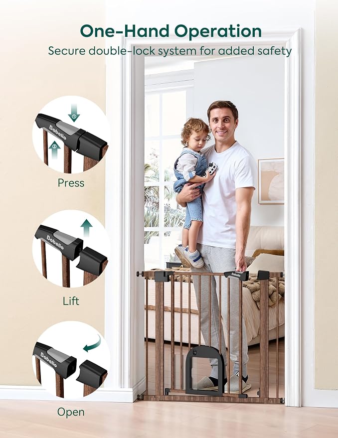 Babelio Baby Gate with Adjustable Cat Door, CatPrivilege III, 29-43" | Auto-Close, Pressure Mounted, Dual Lock, Durable Dog Gate For Stairs & Doorways, Keeps Pets Contained, Black Wood Pattern