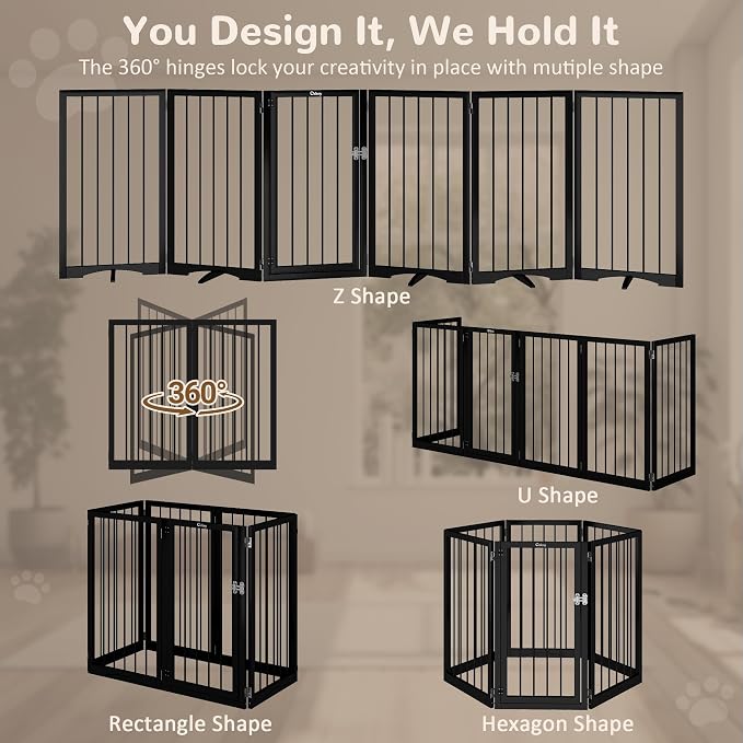 32" Extra Tall Free Standing Dog Gate Indoor, Foldable Pet Gate | for Doorways Stairs, 6-Panel Dog Gate with Door No Drilling, Folding Puppy Gate with Support Feet for Stability, 106"x32"