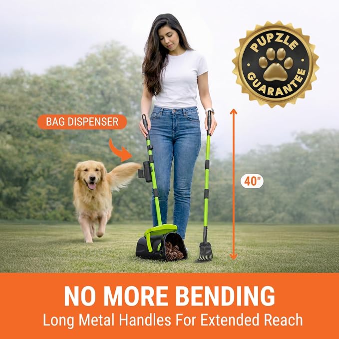 Pupzle Dog Pooper Scooper with Bag Attachment, 40" Long Handle Dog Scooper | Dog Poop Scoop for Yard, Large Capacity Swivel Bin and Rake Pooper Scooper, Lavender Scented Bags for Large Dogs (Green)