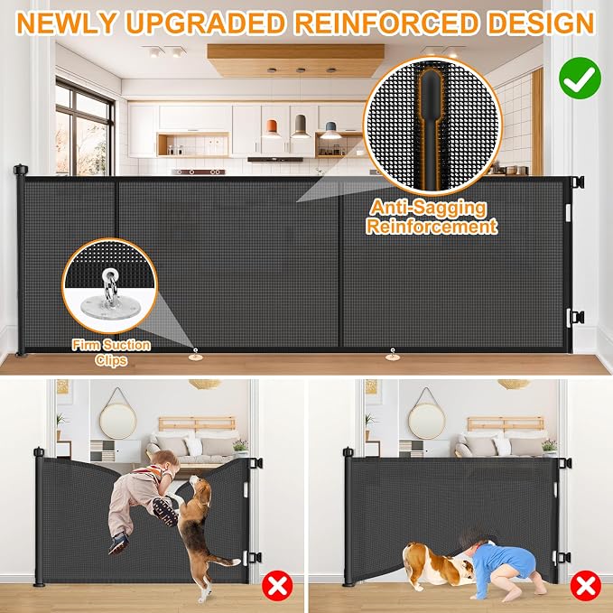 EZIGO 196 Inch Retractable Baby Gates, 41 Inch Extra Tall Retractable Gate | Reinforced Retractable Dog Gate with Rods, 16.3FT Extra Long Mesh Pet Gate for Stairs Hallways Doorway Indoor Outdoor, Black