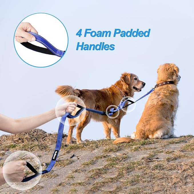 PetBonus Double Dog Leash, No Tangle Dual Leash, Reflective Walking Training Lead, 4 Comfortable Padded Handles for 2 Dogs with Collapsible Bowl and Waste Bags (Blue, Large) | 4 Comfortable Padded Handles, Adjustable, Reflective, For Two Large Medium D...