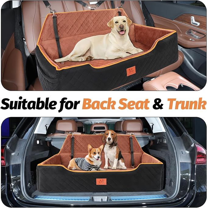 XIEEAOZEE Large Dog Car Seat, Memory Foam Dog Car Bed for Backseat & Trunk, Washable Pet Booster Seat Under 100 lbs or 2 Medium Dogs, Pet Travel Seat with Storage Pockets, 2 Safety Belts