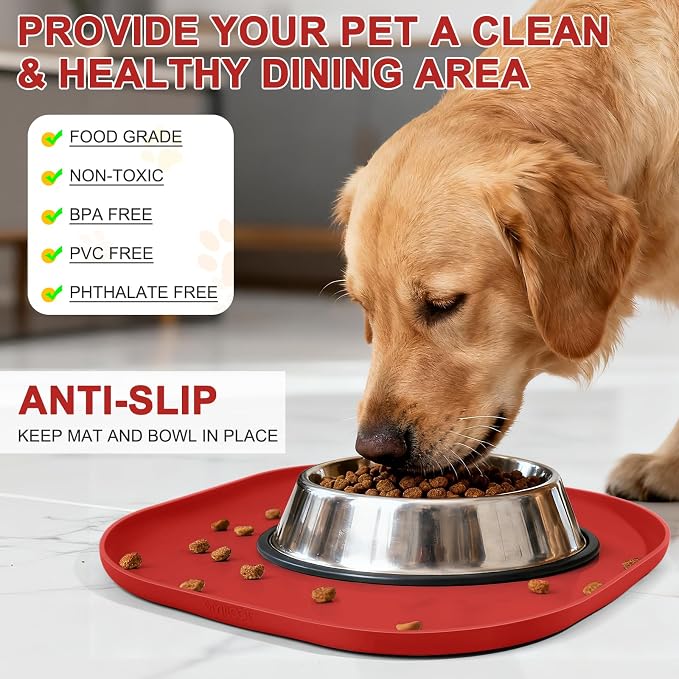 SMILOOL Small Silicone Pet Food Mat with Raised Edge for Food and Water Bowl, Square Dog Feeding Mats, Cat Food Trays for Floor Waterproof, Rubber Tray for Dogs and Cats, 12 x 12 x 0.7 Red