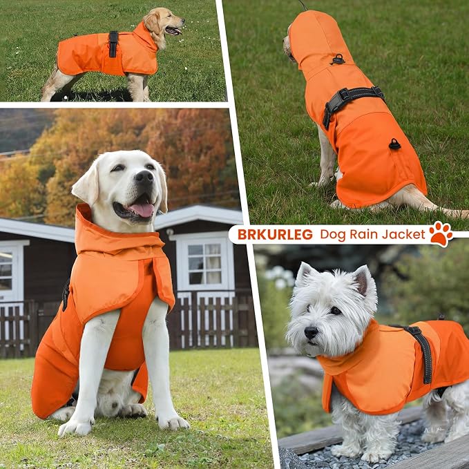 BRKURLEG Dog Raincoat, Waterproof Rain Jacket with Hood, Orange, S | Adjustable Windproof Rainproof Jacket with Leash Hole, Reflective Breathable Rain Coat Poncho, for Small to Large Dogs