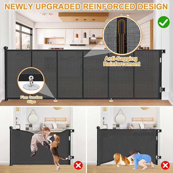 EZIGO 120 Inch Retractable Baby Gates, 41 Inch Extra Tall Retractable Gate | Reinforced Retractable Dog Gate with Rods, 10 FT Extra Long Mesh Pet Gate for Stairs Hallways Doorway Indoor Outdoor, Black