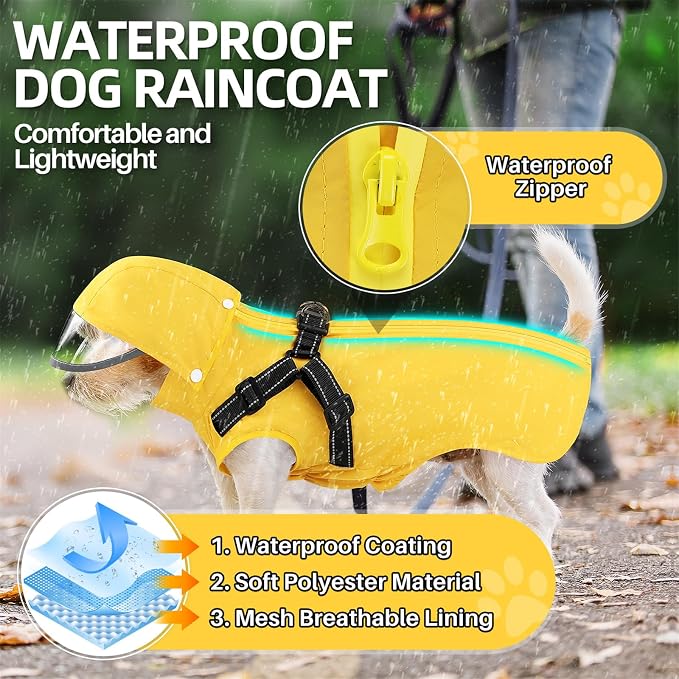 SlowTon Dog Raincoat Waterproof - Dog Rain Jacket with Harness and Hood Lightweight, Reflective Dogs Rain Coat for Large Medium Small Dogs Girl Boy Puppy Poncho Pet Clothes (Yellow, L)