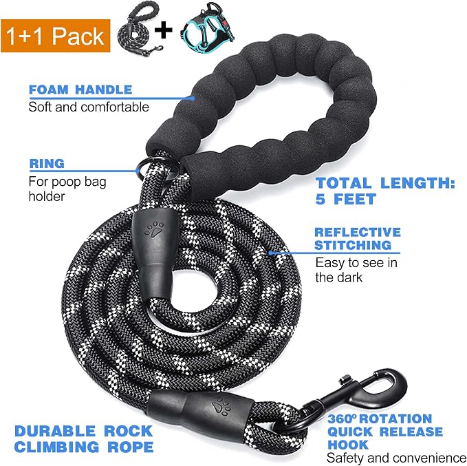 tobeDRI No Pull Dog Harness Adjustable Reflective Oxford Easy Control Medium Large Dog Harness with A Free Heavy Duty 5ft Dog Leash, Black/Blue, XL