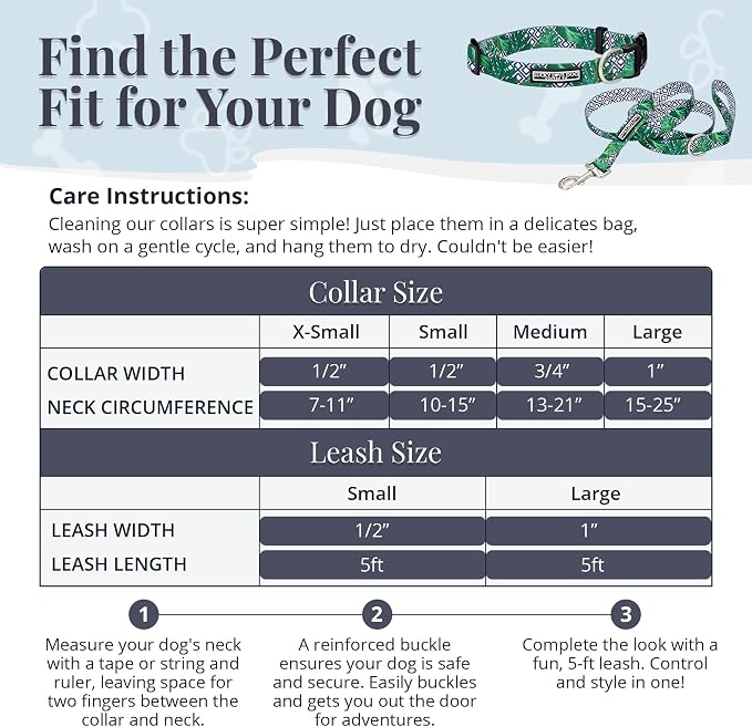 Lucky Love Dog Collar and Leash Set, Beautiful & Vivid Patterns, Easy On & Off Clasp Accessory (Blue Laguna, S Combo)
