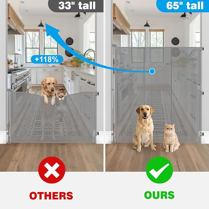 Reinforced 65" Extra Tall Baby Gate for Doorway, Jump-Resistant & Prevent Crawling Underneath Retractable Pet Gates Extra Tall, 0-55" W Retractable Dog Gate for Pets, Dogs, Cats, Puppies, Babies, Gray
