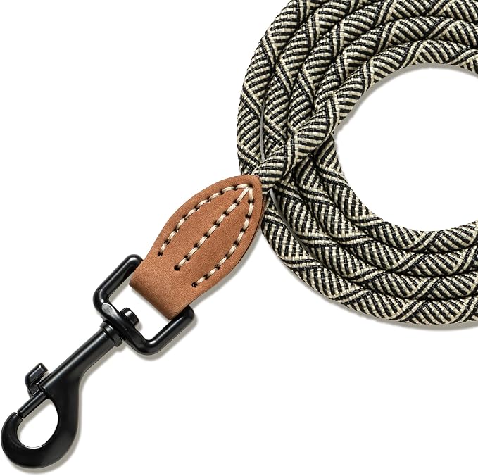 Mile High Life Thin Small Dog Leash with Genuine Leather Connection | Rope Leash, Heavy Duty 360° Swivel Metal Clasp, for Small Medium & Large Dogs (White Beige, 72 Inch)