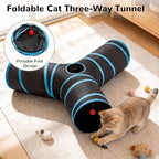 Tempcore Cat Tunnel for Indoor Cats, 3 Way Collapsible Pet Play Tunnel with Teaser Wand, Peek Holes & Hanging Ball, Interactive Tube for Kittens & Rabbits, Black & Blue Large Size