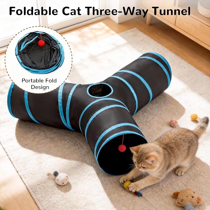 Tempcore Cat Tunnel for Indoor Cats, 3 Way Collapsible Pet Play Tunnel with Teaser Wand, Peek Holes & Hanging Ball, Interactive Tube for Kittens & Rabbits, Black & Blue Large Size