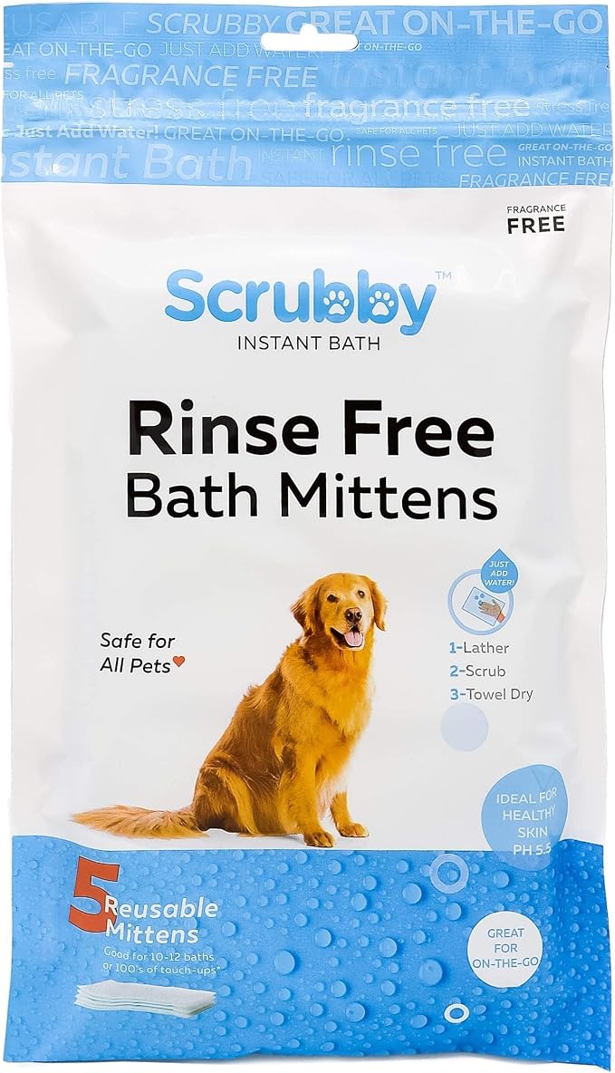 Scrubby Pet No Rinse Pet Wipes | Rinse Free Shampoo Mittens | Dogs & Cats | Bath Wipes - Bathing & Washing Pets, Hypoallergenic | No Rinse Wash Mitt | Grooming, Lather Wipe Dry - Pack of 10
