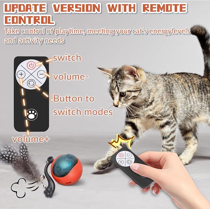Interactive Cat Toy Ball, Automatic Self-Rolling Cat Toy with Feather Tail, Rechargeable Smart Cat Ball for Indoor Cats（Red）